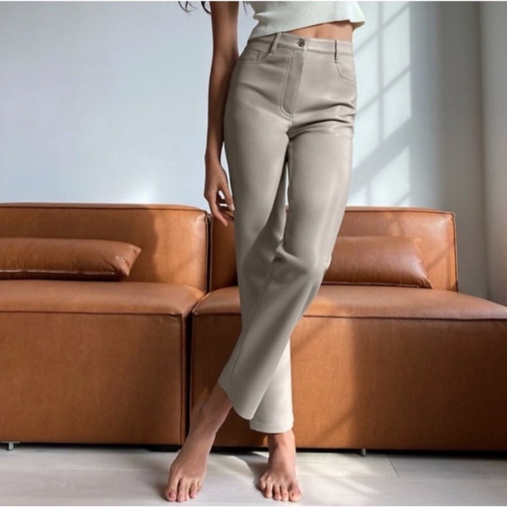 Aritzia Wilfred The Melina Taupe Vegan Leather Straight Leg Pants Size 6